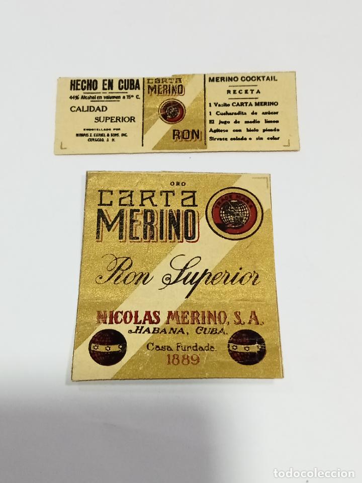Alte Etiketten: ETIQUETA TRASERA Y CONTRAETIQUETA. CUBA. RON SUPERIOR. ORO. CARTA MERINO. NICOLAS MERINO. 6 X 6.5 CM