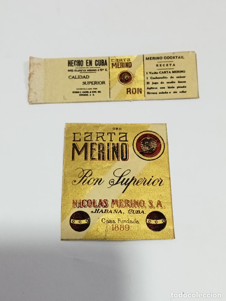 Alte Etiketten: ETIQUETA TRASERA Y CONTRAETIQUETA. CUBA. RON SUPERIOR. ORO. CARTA MERINO. NICOLAS MERINO. 6 X 6.5 CM