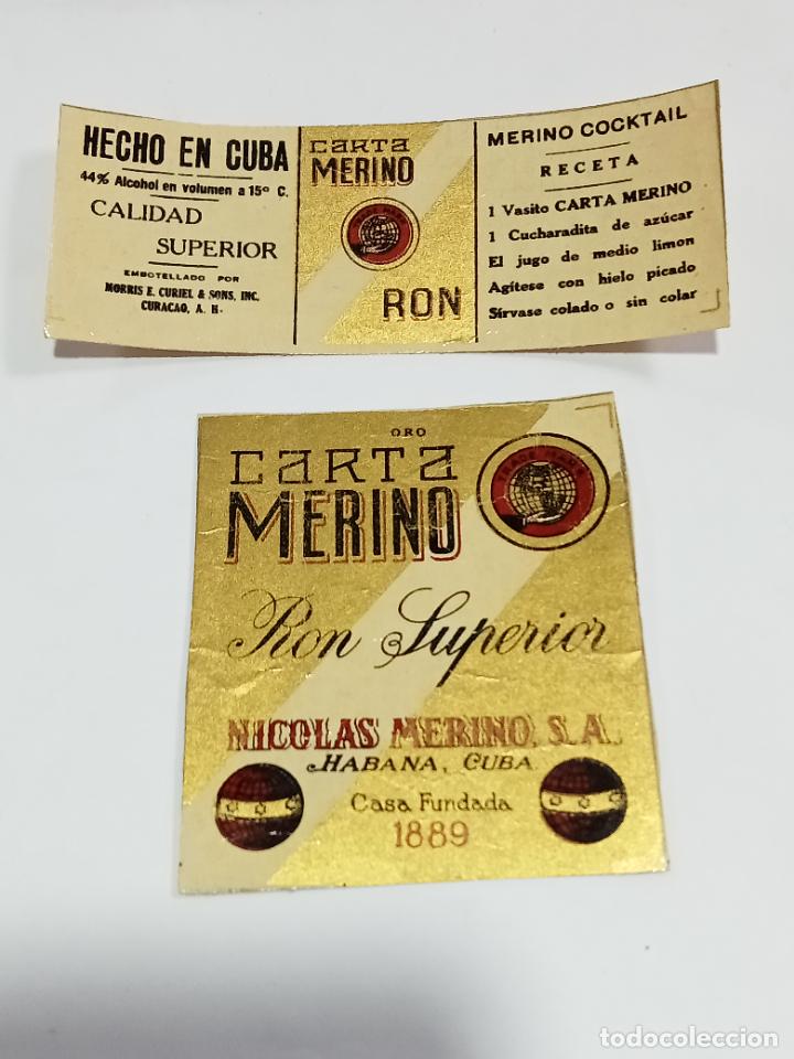 Alte Etiketten: ETIQUETA TRASERA Y CONTRAETIQUETA. CUBA. RON SUPERIOR. ORO. CARTA MERINO. NICOLAS MERINO. 7.5 X 8.5