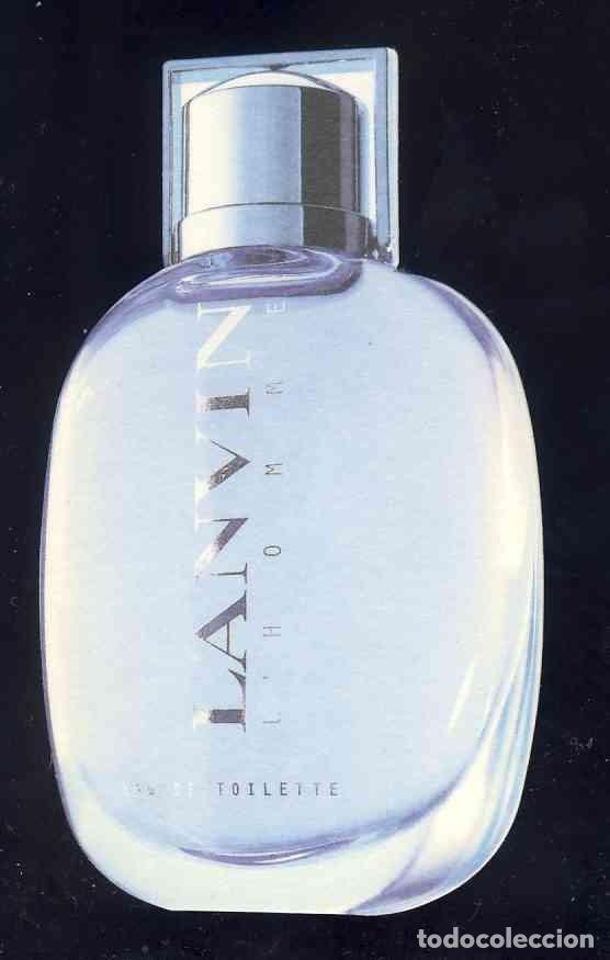 Etichette antiche: Tarjeta etiqueta perfume troquelada y con relieve: LANVIN L'HOMME, EAU DE TOILETTE. Probador