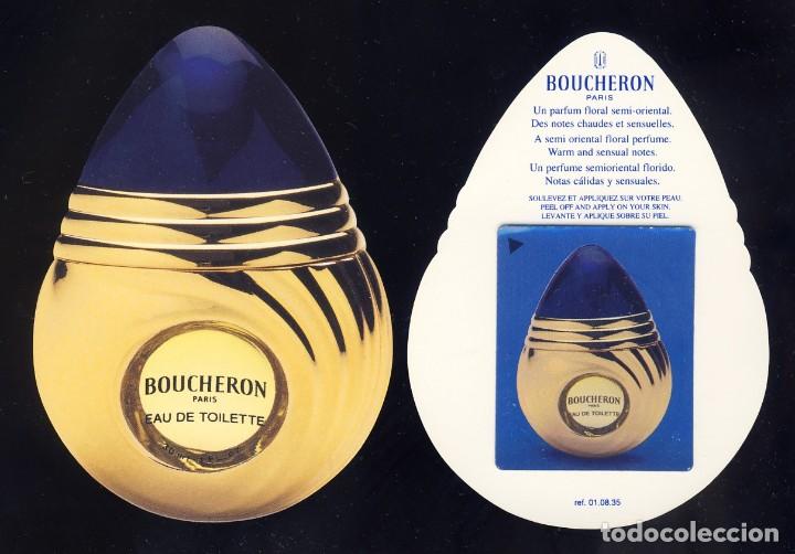 Etichette antiche: Tarjeta etiqueta perfume troquelada: BOUCHERON. Probador. Con muestra en el dorso