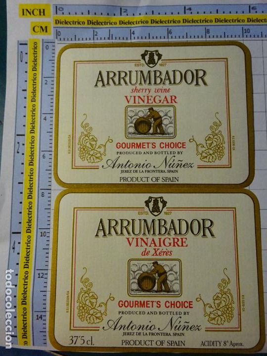 Etichette antiche: 2 ETIQUETA DE BEBIDAS. VINO LICORES. C&Aacute;DIZ. VINAGRE DE VINO ARRUMBADOR. 2377