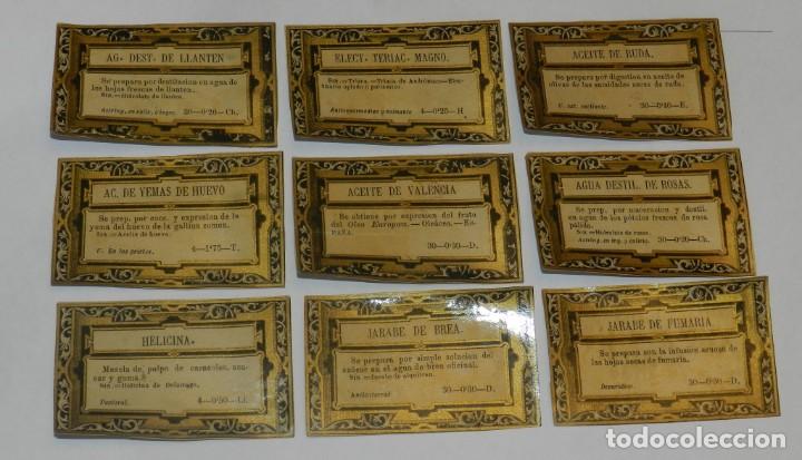 Old Labels: 9 ETIQUETAS LITOGRAFIADAS DE FRASCOS DE FARMACIA, JARABE DE BREA, HELICINA, ACEITE DE RUDA, ACEITE D