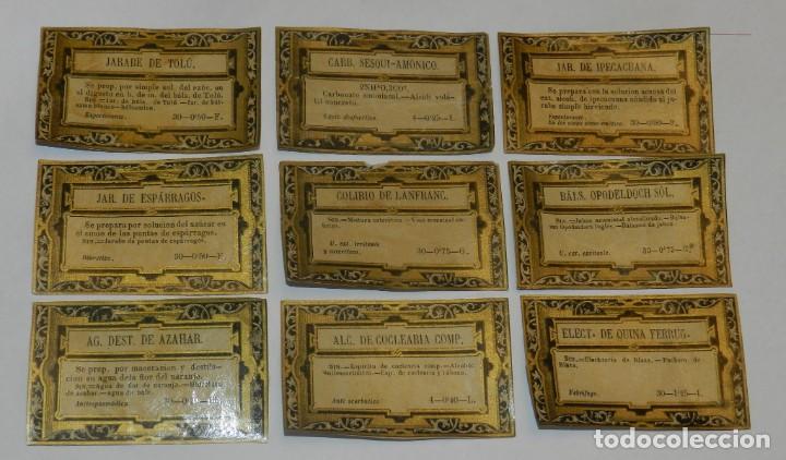 Old Labels: 9 ETIQUETAS LITOGRAFIADAS DE FRASCOS DE FARMACIA, JARABE DE TOLU, COLIRIO DE LANFRANC, JARABE DE ESP