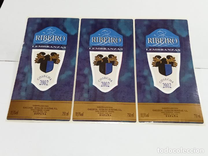 Etichette antiche: LOTE DE 3 ETIQUETA. PEGATINA. RIBEIRO LEMBRANZAS. COSECHA 2002. GALLEGA - LUSA BEBIDAS. 7 X 14 CM