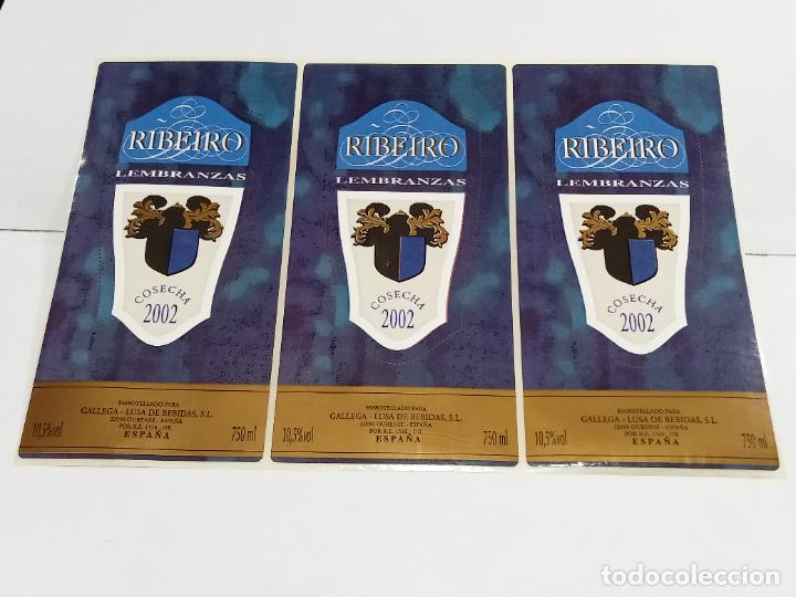 Etichette antiche: LOTE DE 3 ETIQUETA. PEGATINA. RIBEIRO LEMBRANZAS. COSECHA 2002. GALLEGA - LUSA BEBIDAS. 7 X 14 CM