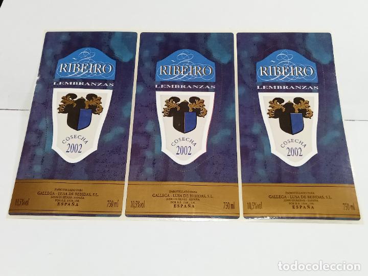 Etichette antiche: LOTE DE 3 ETIQUETA. PEGATINA. RIBEIRO LEMBRANZAS. COSECHA 2002. GALLEGA - LUSA BEBIDAS. 7 X 14 CM