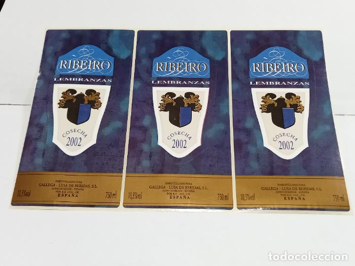 Etichette antiche: LOTE DE 3 ETIQUETA. PEGATINA. RIBEIRO LEMBRANZAS. COSECHA 2002. GALLEGA - LUSA BEBIDAS. 7 X 14 CM