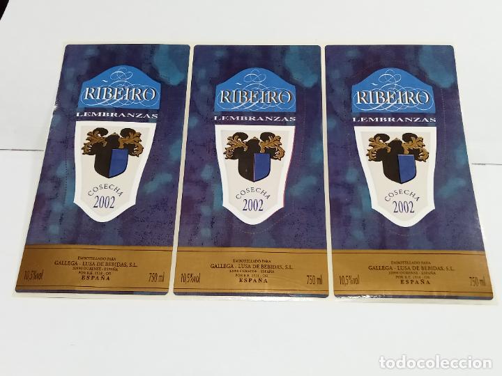 Etichette antiche: LOTE DE 3 ETIQUETA. PEGATINA. RIBEIRO LEMBRANZAS. COSECHA 2002. GALLEGA - LUSA BEBIDAS. 7 X 14 CM