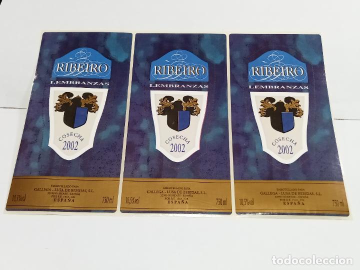 Etichette antiche: LOTE DE 3 ETIQUETA. PEGATINA. RIBEIRO LEMBRANZAS. COSECHA 2002. GALLEGA - LUSA BEBIDAS. 7 X 14 CM