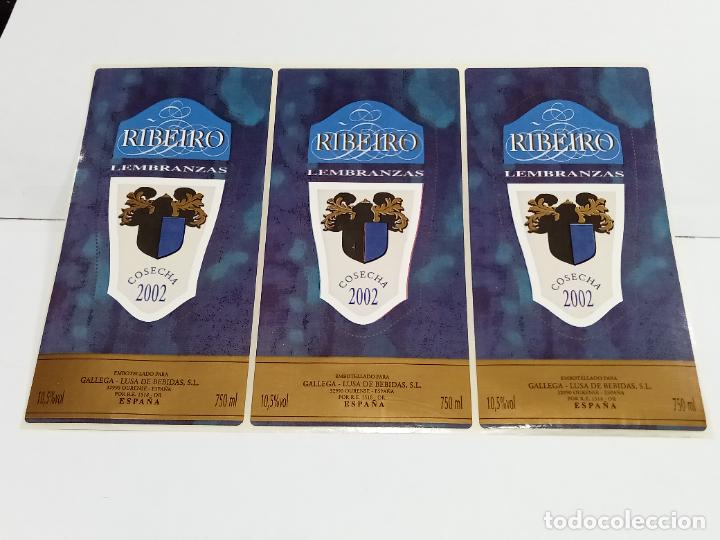 Etichette antiche: LOTE DE 3 ETIQUETA. PEGATINA. RIBEIRO LEMBRANZAS. COSECHA 2002. GALLEGA - LUSA BEBIDAS. 7 X 14 CM