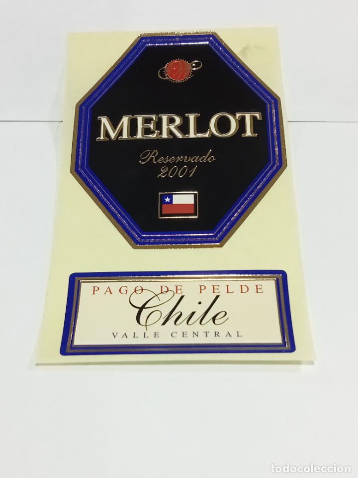 Old Labels: ETIQUETA PEGATINA. VINO RESERVADO. MERLOT. 2001. PAGO DE PELDE, CHILE. VALLE CENTRAL. 8 X 9 CM