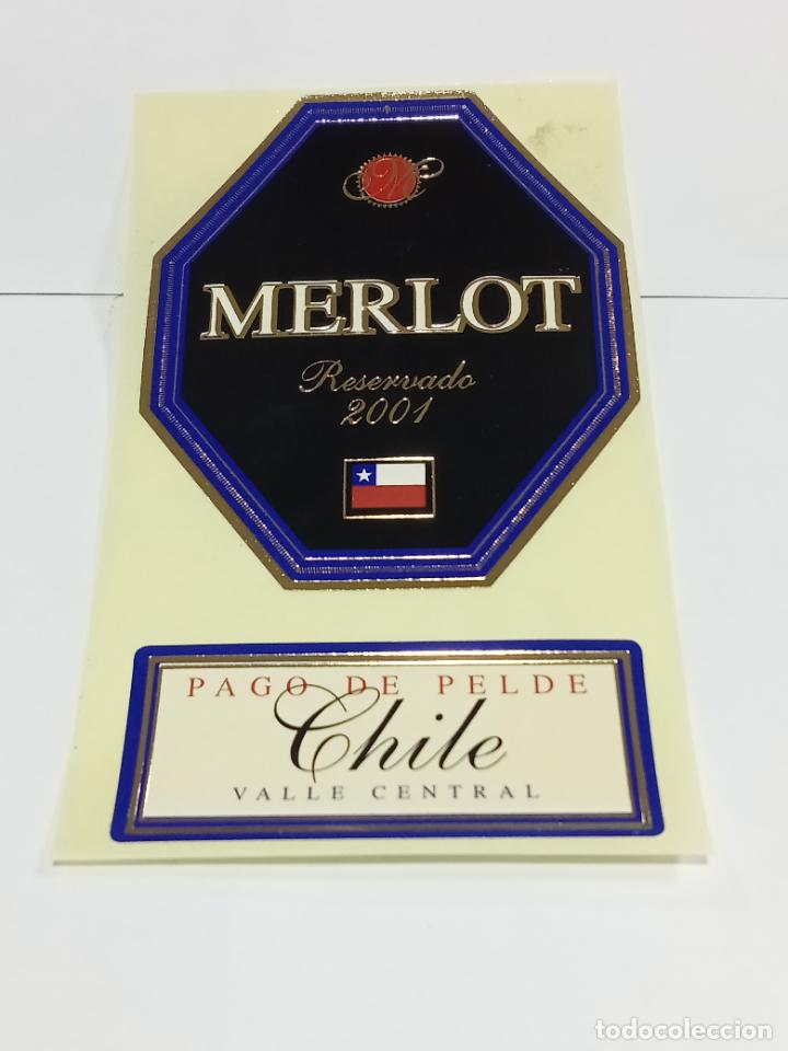 Old Labels: ETIQUETA PEGATINA. VINO RESERVADO. MERLOT. 2001. PAGO DE PELDE, CHILE. VALLE CENTRAL. 8 X 9 CM