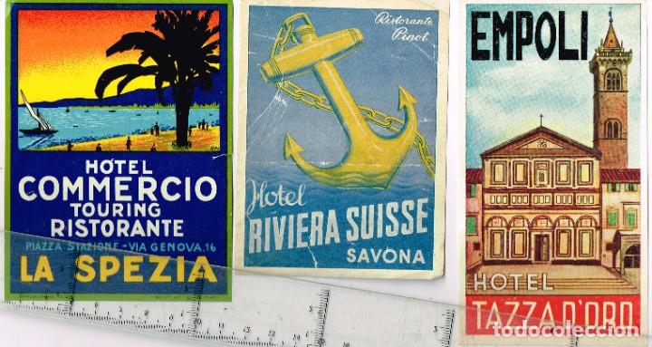 Etiquetas antiguas: 1950/60&acute;s ca. LOTE 3 ETIQUETAS DE HOTELES EN: &rdquo;SAVONA&rdquo;, &rdquo;EMPOLI&rdquo; Y &rdquo;LA SPEZIA&rdquo; (Ciudades Italianas)