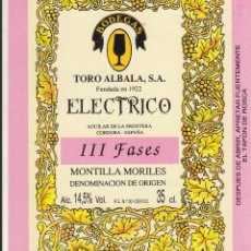 Etiquetas antigas: 1637 ETIQUETA ELECTRICO III FASES - BGAS TORO ALBALÁ - AGUILAR FTRA.- MONTILLA - MORILES. Lote 333170768