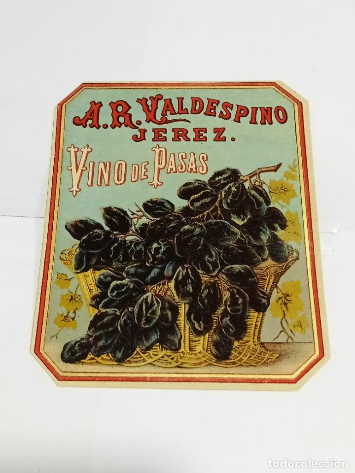 Etichette antiche: ANTIGUA ETIQUETA VINO DE PASAS. A.R.VALDEPSINO. JEREZ. 10 X 12 CM