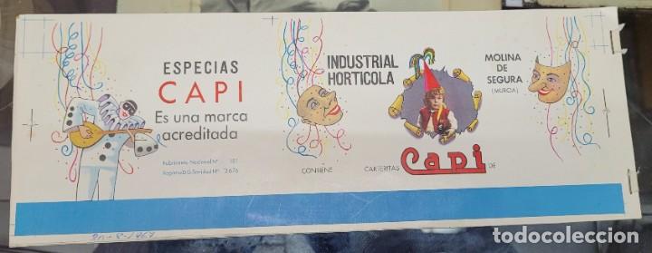 Etiquetas antiguas: ANTIGUA PRUEBA IMPRENTA ETIQUETA CONSERVAS ESPECIAS CAPI MOLINA DE SEGURA MURCIA