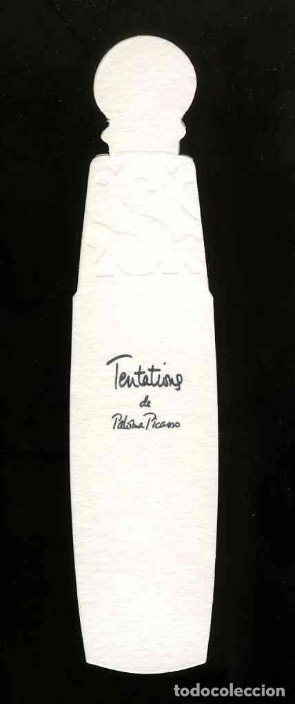 Etiquetas antiguas: Tarjeta perfume troquelada y con relieve: TENTATIONS DE PALOMA PICASSO. Probador