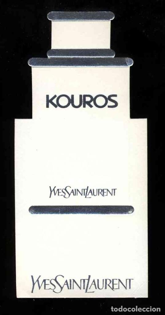 Etiquetas antigas: Tarjeta perfume troquelada y con relieve: KOUROS, YVES SAINT LAURENT. Probador