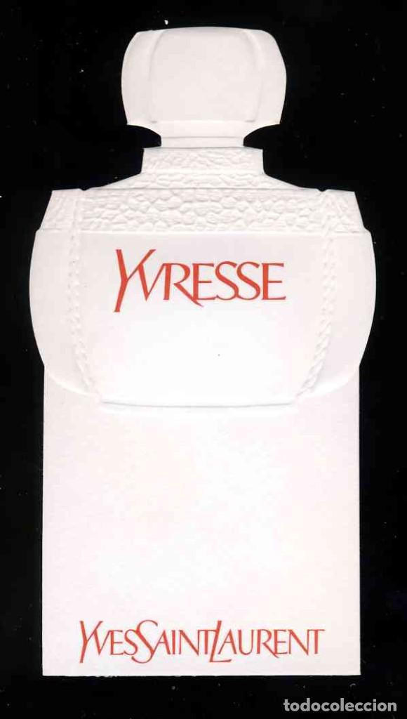 Etiquetas antigas: Tarjeta perfume troquelada y con relieve: YVRESSE, YVES SAINT LAURENT. Probador