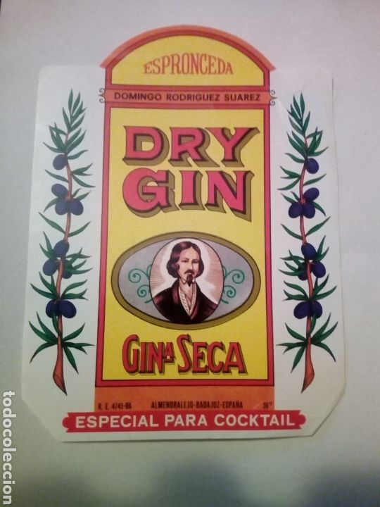 Alte Etiketten: Etiqueta publicidad Espronceda DRY GIN de Domingo Rodriguez Suarez