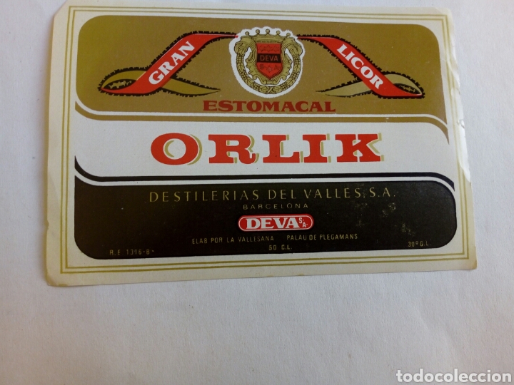 Old Labels: ETIQUETA GRAN LICOR ESTOMACAL ORLIK de Destileras del Valles DEVA d Palau d Plegamans