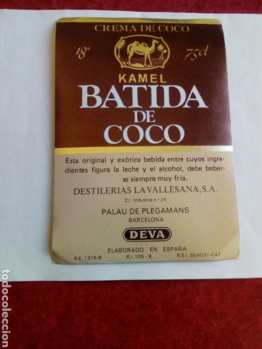 Etiquetas antiguas: Etiqueta publicidad Batida de coco Kamel Destiler&iacute;as la Vallesana d Palau de Plegamans
