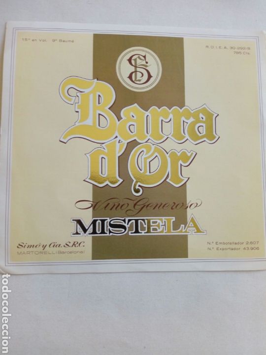 Etiquetas antiguas: Etiqueta publicidad mistela Barra d'0r vino generoso de sim&oacute;n y cia