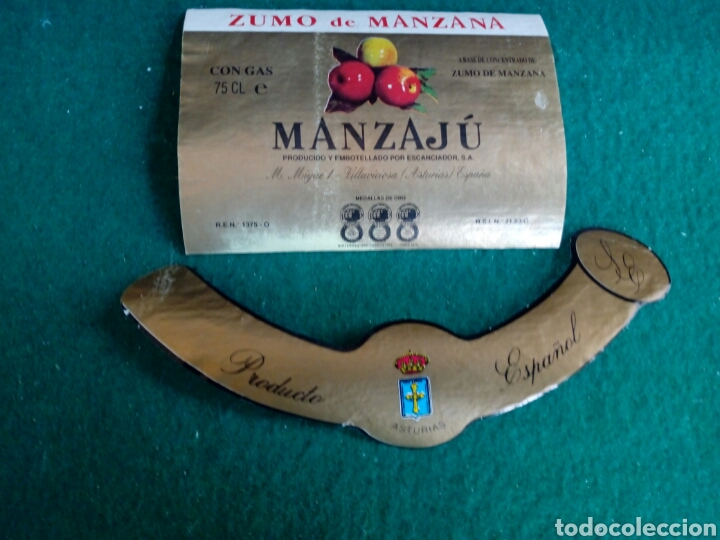 Etiquetas antiguas: Etiqueta y collar&iacute;n publicidad del zumo d manzana MANZAJ&Uacute; de Villaviciosa Asturias