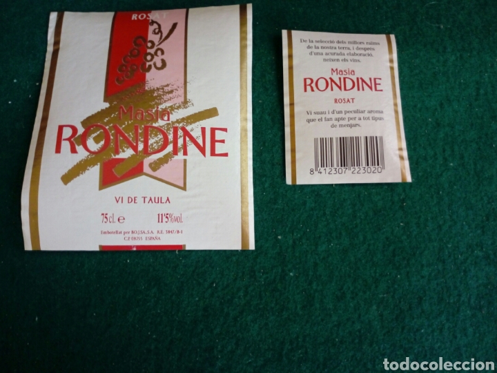 Etiquetas antiguas: Etiqueta doble publicidad VI DE TAULA de la Masia RONDINE VINO MESA ROSADO