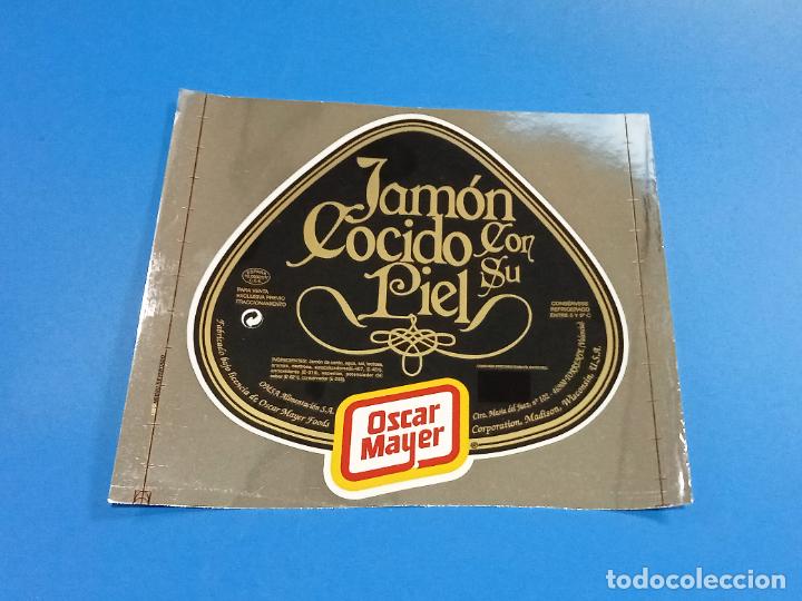 Etichette antiche: ETIQUETA PEGATINA. OSCAR MAYER. JAMON COCIDO CON SU PIEL. FONDO NEGRO. 20 X 18CM
