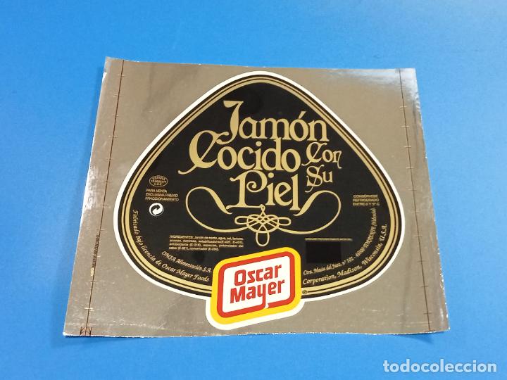 Etichette antiche: ETIQUETA PEGATINA. OSCAR MAYER. JAMON COCIDO CON SU PIEL. FONDO NEGRO. 20 X 18CM