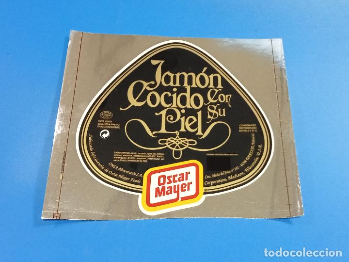 Etichette antiche: ETIQUETA PEGATINA. OSCAR MAYER. JAMON COCIDO CON SU PIEL. FONDO NEGRO. 20 X 18CM