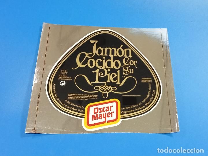 Etichette antiche: ETIQUETA PEGATINA. OSCAR MAYER. JAMON COCIDO CON SU PIEL. FONDO NEGRO. 20 X 18CM