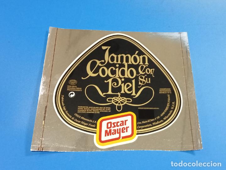 Alte Etiketten: ETIQUETA PEGATINA. OSCAR MAYER. JAMON COCIDO CON SU PIEL. FONDO NEGRO. 20 X 18CM