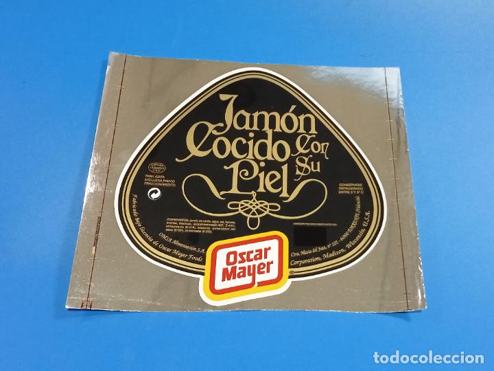 Alte Etiketten: ETIQUETA PEGATINA. OSCAR MAYER. JAMON COCIDO CON SU PIEL. FONDO NEGRO. 20 X 18CM