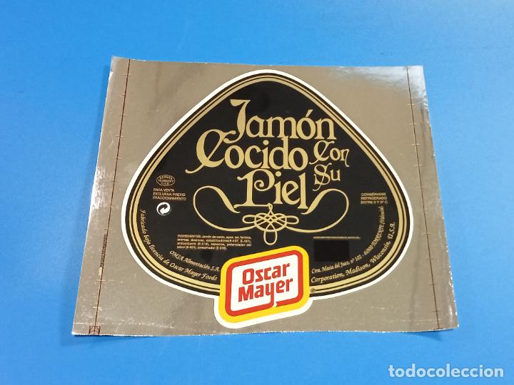 Alte Etiketten: ETIQUETA PEGATINA. OSCAR MAYER. JAMON COCIDO CON SU PIEL. FONDO NEGRO. 20 X 18CM