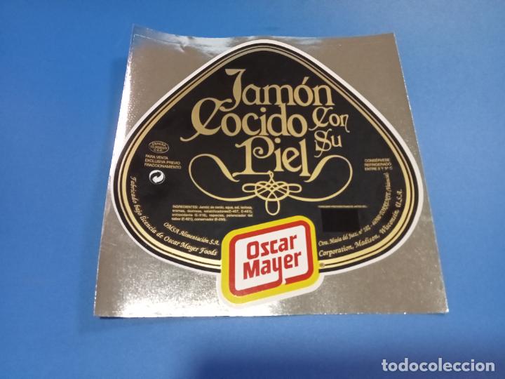 Old Labels: ETIQUETA PEGATINA. OSCAR MAYER. JAMON COCIDO CON SU PIEL. FONDO NEGRO. 17 X 18CM