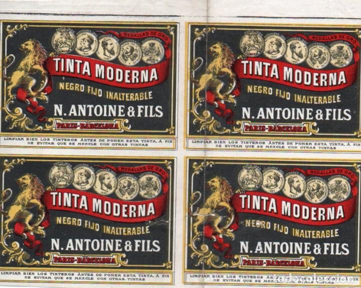 Etiquetas antiguas: 4 ETIQUETAS TINTA MODERNA. N. ANTOINE & FILS. PARIS BARCELONA. 1903