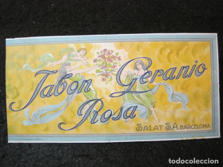 Etichette antiche: JABON GERANIO ROSA-SALAT S.A.-BARCELONA-ETIQUETA ANTIGUA-VER FOTOS-(K-6743)