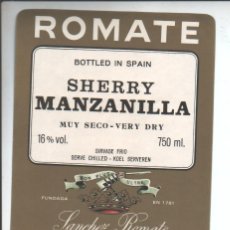 Etiquetas antiguas: SHERRY MANZANILLA ROMATE - SANCHEZ ROMATE HNOS. - JEREZ - ANTIGUA ETIQUETA. Lote 346305758