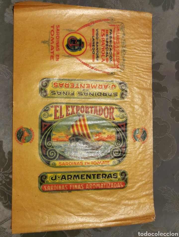 Old Labels: Envoltorio lata sardinas en tomate. El exportador. J. Armenteras 25x16cm. Ver descripci&oacute;n