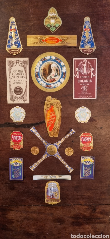 Etiquetas antiguas: Lote etiquetas antiguas perfume jab&oacute;n crema colonia Perfumer&iacute;a Marrone Argentina Art Nouveau