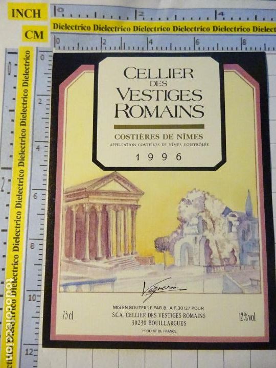 Etichette antiche: ETIQUETA DE BEBIDAS. VINO LICORES. CELLIER DES VESTIGES ROMAINS 1996 COSTIERES DE N&Icirc;MES. 387