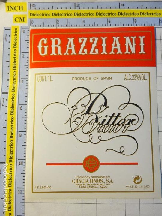 Alte Etiketten: ETIQUETA DE BEBIDAS. VINO LICORES. GRAZZIANI BITTER GRACIA HNOS MONTILLA MORILES C&Oacute;RDOBA. 543