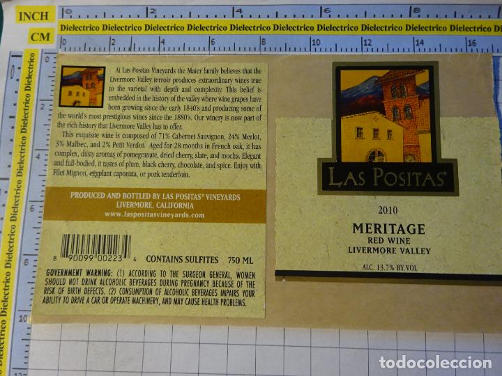 Etichette antiche: ETIQUETA DE BEBIDAS. VINO LICORES. CALIFORNIA LAS POSITAS 2010 MERITAGE RED WINE LIVERMORE VALLEY 93