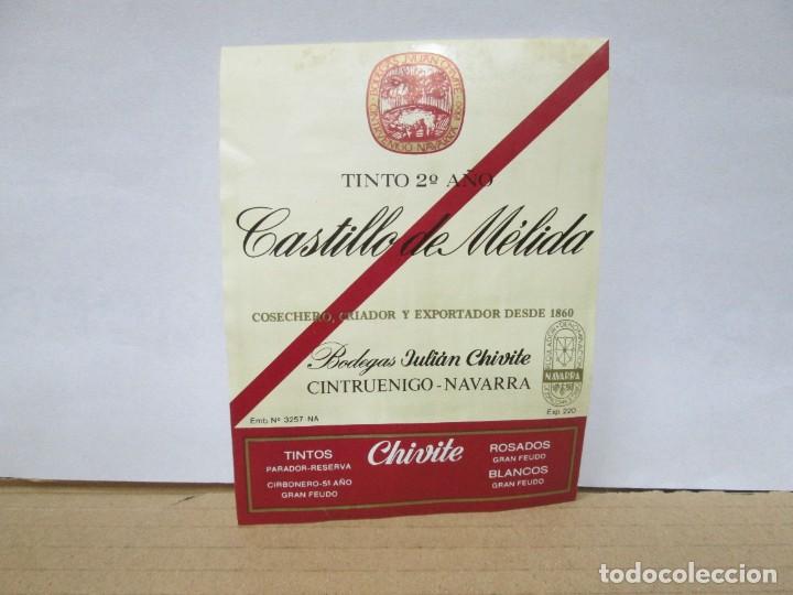 Etiquetas antigas: ANTIGUA ETIQUETA, TINTO 2&ordf; A&Ntilde;O CASTILLO DE MELIDA CHIVITE