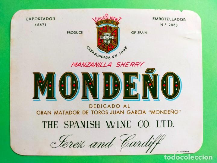 Alte Etiketten: ETIQUETA MANZANILLA SHERRY: MONDE&Ntilde;O - VINOS DE JEREZ - 12X9 cm - NUEVA