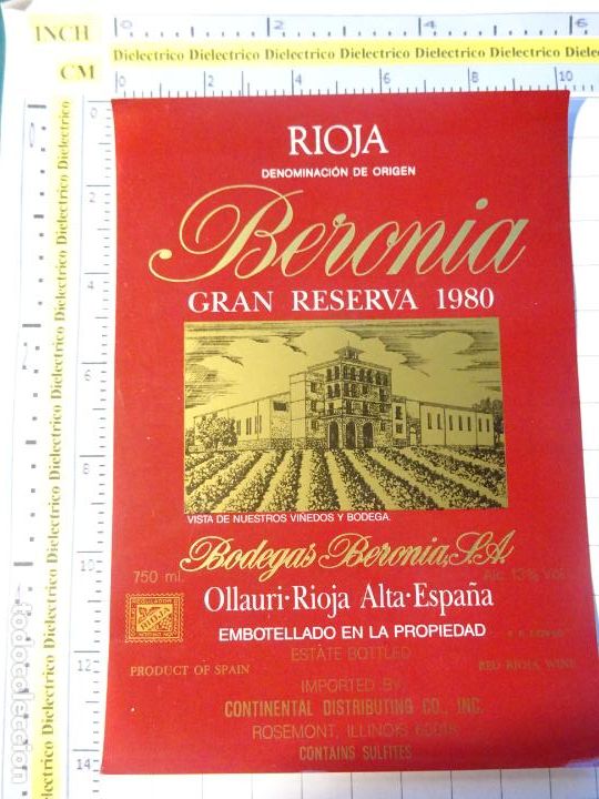 Old Labels: ETIQUETA DE BEBIDAS. VINO LICORES. RIOJA BERONIA GRAN RESERVA 1980. 141