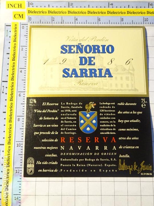 Alte Etiketten: ETIQUETA DE BEBIDAS. VINO LICORES. NAVARRA SE&Ntilde;OR&Iacute;O DE SARRIA RESERVA. 348